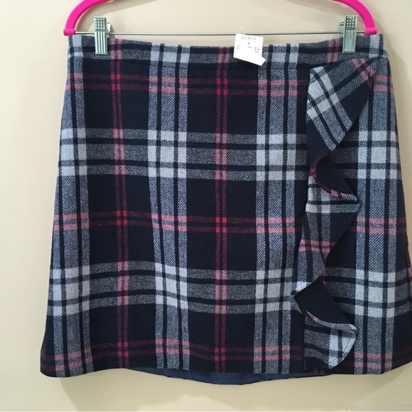 J.Crew Mercantile mini skirt Navy Blue Plaid Wool with Ruffle size 14 new - Picture 2 of 6